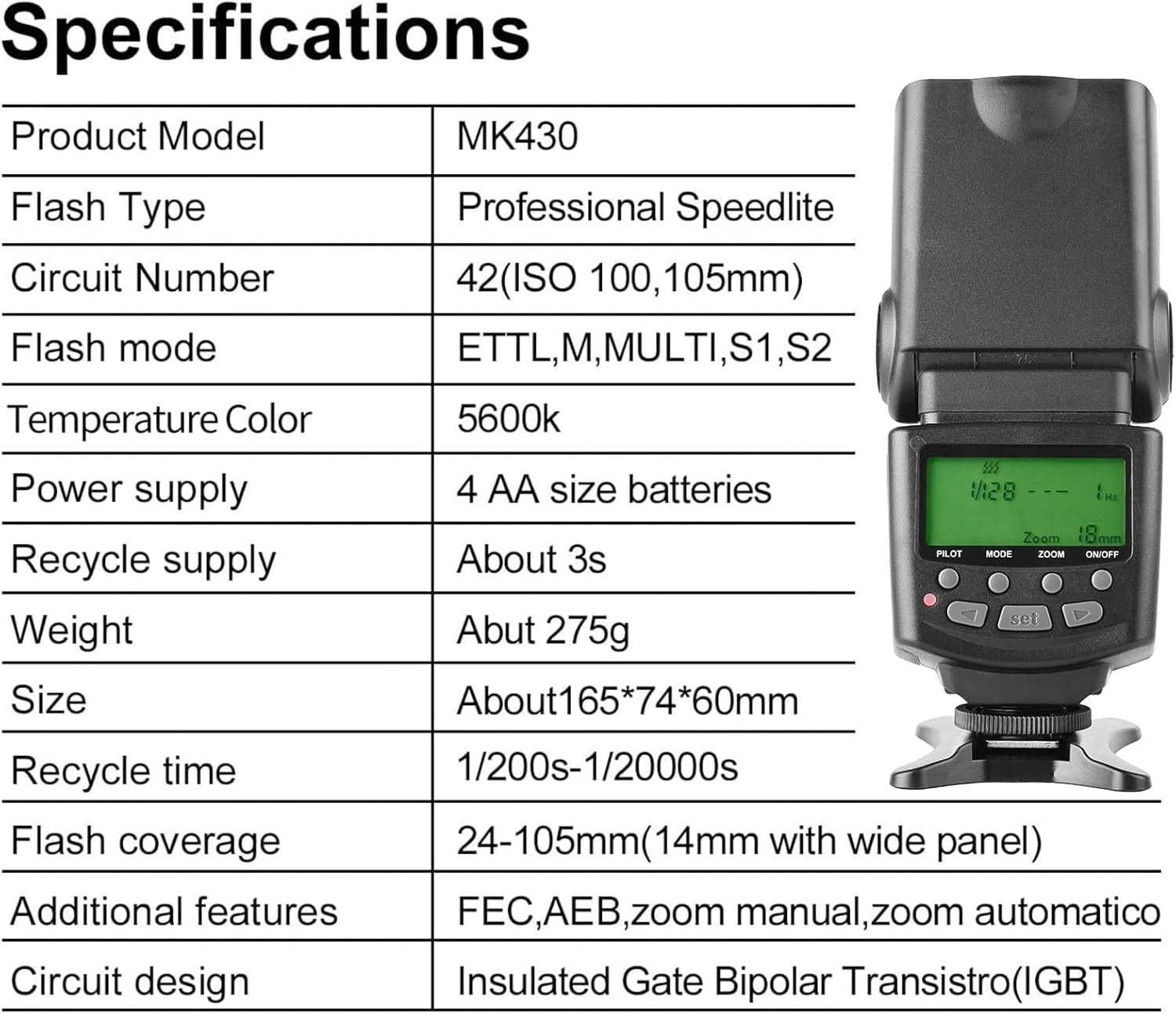 MK430C E-TTL Camera Flash Speedlite with LCD Display Compatible with Canon 70D 77D 80D Rebel T7I T6I T6S T6 T5I T5 T4I T3I SL2 and Other EOS DSLR Cameras with Standard Hot Shoe