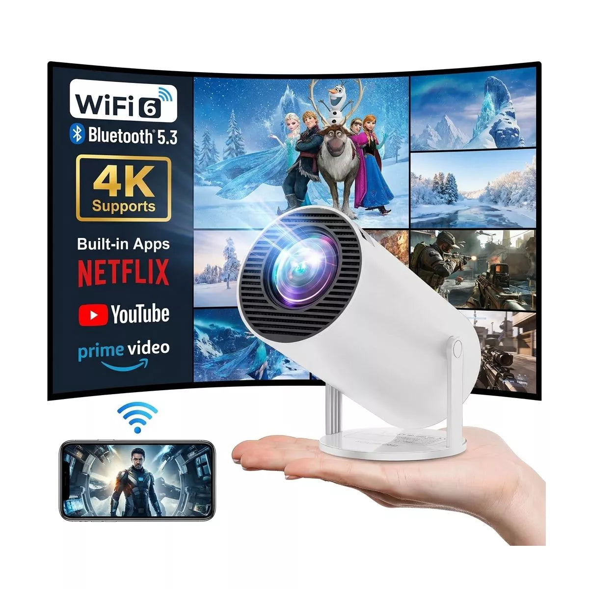ALEEN & AJEAN Projector 4K 1080P Support, Mini Projector Smart for Movie Projection Compatible with Phone