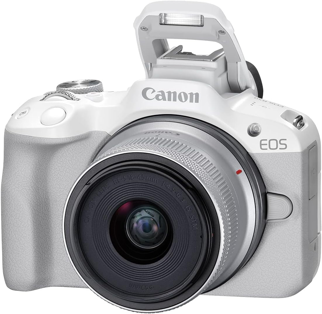 Canon EOS R50 Mirrorless Camera Rf-S18-45Mm F4.5-6.3 Is STM Lens Kit, 24.2 Megapixel CMOS (APS-C) Sensor, 4K Video, Hybrid Camera, Photo and Video, Vlogging, Content Creator, RF Mount, White | 24.2MP Aps-C Sensor • 4K UHD Video • Rf-S 18-45Mm F/4.5-6.3 Is Stm Lens • Compact Vlogging and Photo Kit