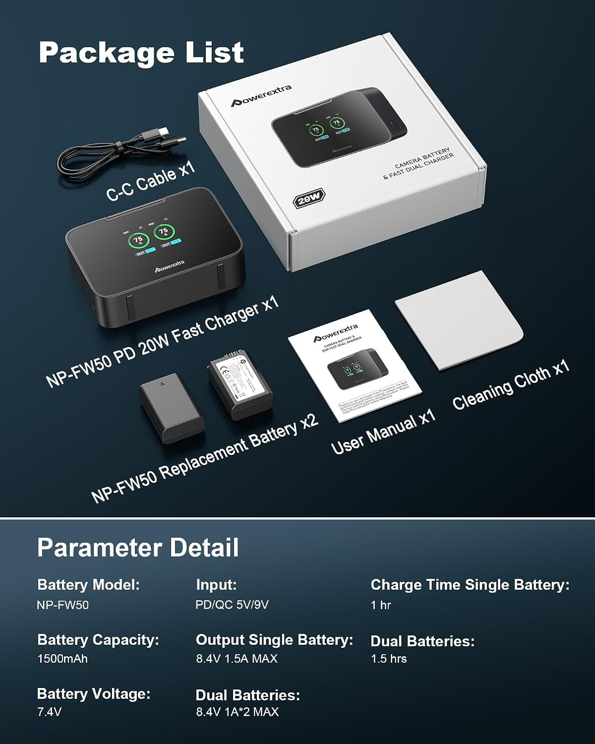 NP-FW50 Battery and Fast Dual Charger with SD Card Slots - 20W PD Fast Charging for Sony ZV-E10 Sony Alpha A6500 A6400 A6300 A6000 A5000 A5100 A7 A7II A7R A7RII A7S A7SII RX10 II III IV