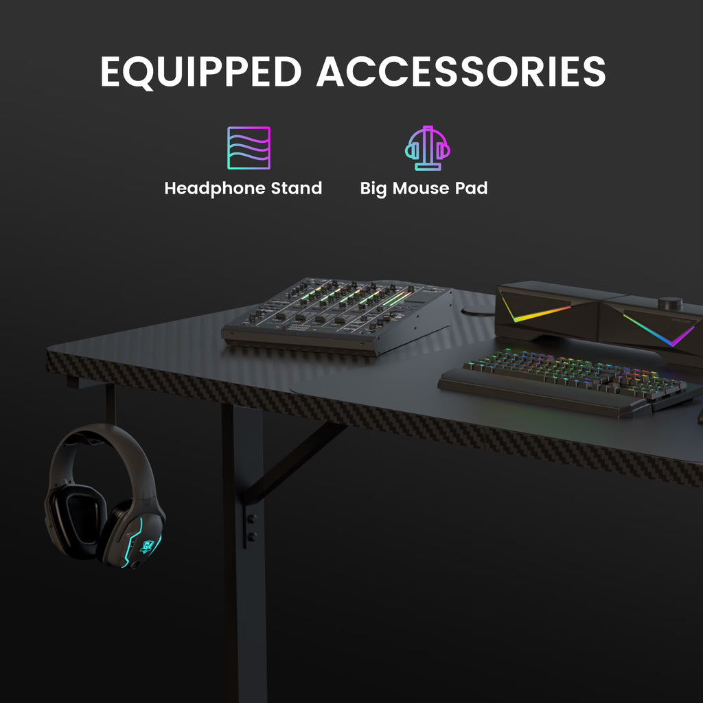55" Large RGB Sturdy Gaming Desk with Mouse Pad T-Shaped Office Chair Computer Desk Spacious Work Surface Table, Black