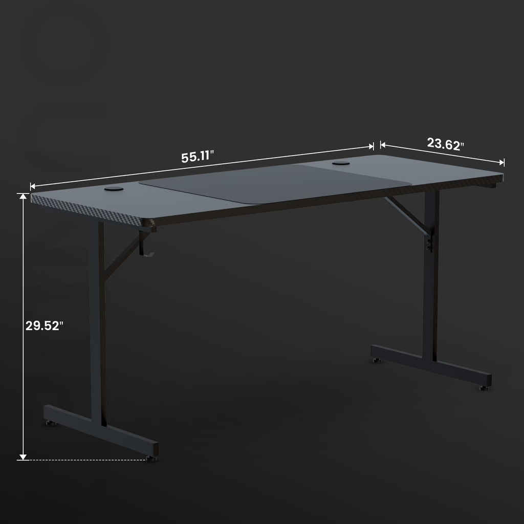 55" Large RGB Sturdy Gaming Desk with Mouse Pad T-Shaped Office Chair Computer Desk Spacious Work Surface Table, Black