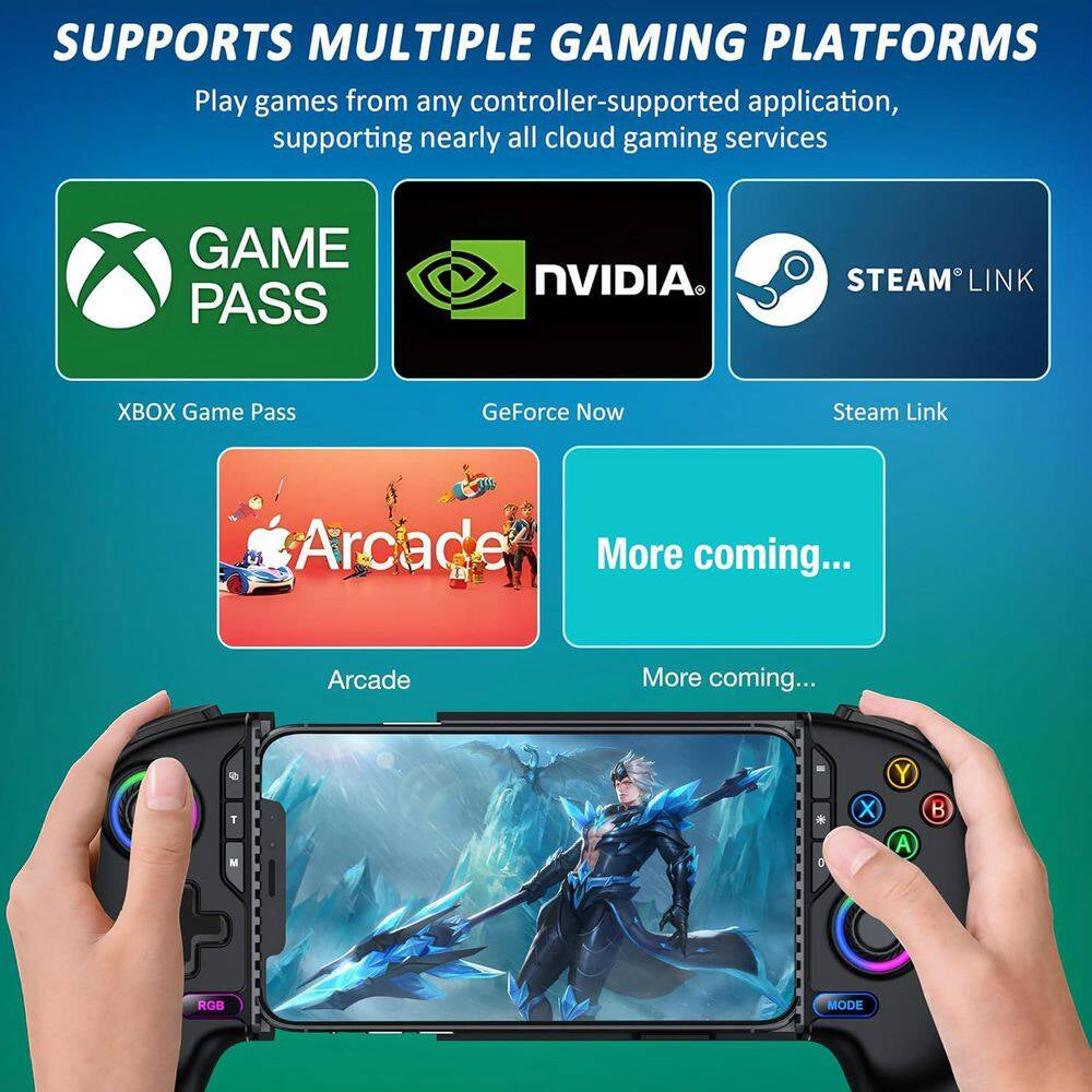 Wireless Phone Controller for Iphone Android with Hall Joystick RGB Gaming Support Xbox Cloud Steam Link Black