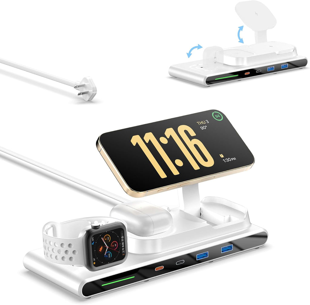 7-In-1 Wireless Charging Station for Apple Devices,  Magnetic Wireless Charger &4 USB Ports(Pd65W USB-C), 5FT Cord Flat Plug, Foldable Charger Stand for Macbook,Iphone 16/15/14, Iwatch &Airpods