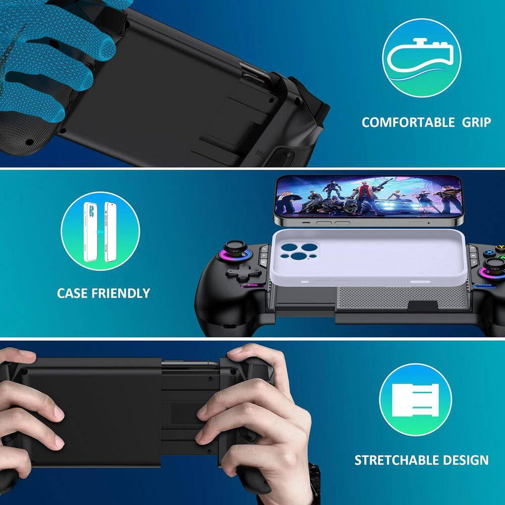 Wireless Phone Controller for Iphone Android with Hall Joystick RGB Gaming Support Xbox Cloud Steam Link Black