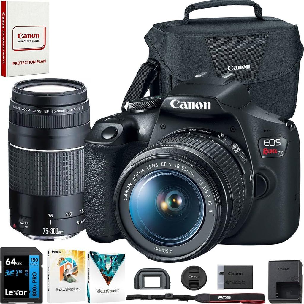 Canon EOS Rebel T7 DSLR Camera with Ef18-55Mm + EF 75-300Mm Double Zoom Kit 2727C021 Bundle with Lexar Premium 64GB SDXC Memory Card, Deco Essentials Camera Bag and Corel Photo Video Suite