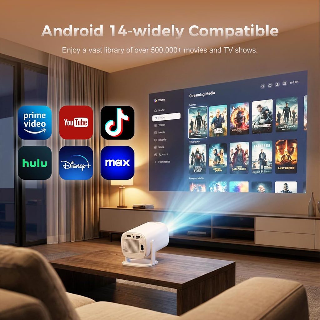Mini Projector with Wifi and Bluetooth, 4K Protable Smart Projector Build-In Android 14, 130" Screen Auto Keystone Movie Projector Compatible with HDMI Phone TV Stick for Bedroom Outdoor