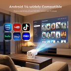 Mini Projector with Wifi and Bluetooth, 4K Protable Smart Projector Build-In Android 14, 130" Screen Auto Keystone Movie Projector Compatible with HDMI Phone TV Stick for Bedroom Outdoor