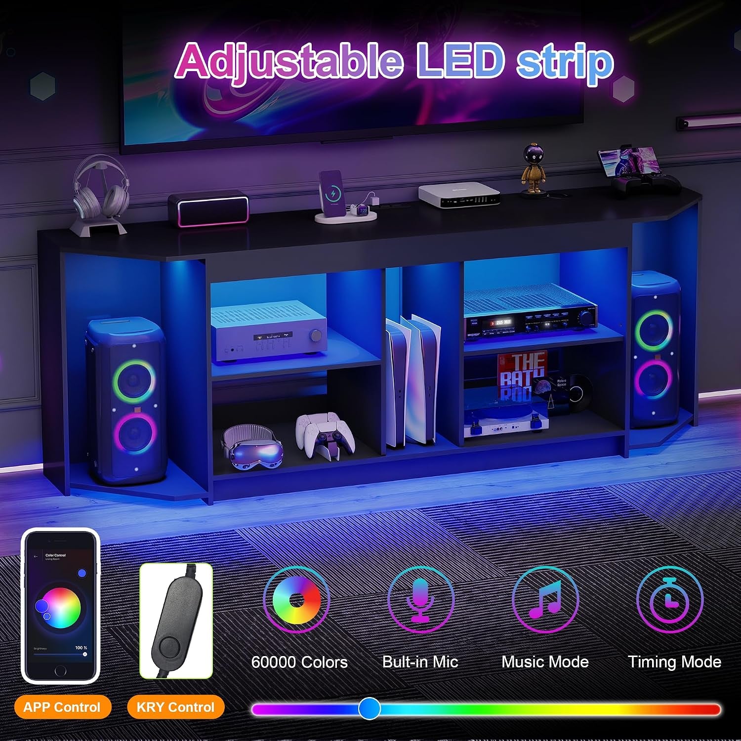Modern TV Stand with LED Lights & Power Outlets for 75 Inch Tvs, Gaming Entertainment Center for PS5 Xbox, Media Consoles for Bedroom, Living Room, Black