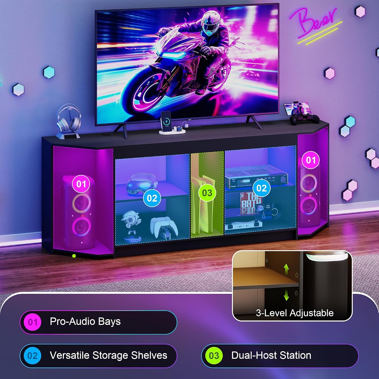 Modern TV Stand with LED Lights & Power Outlets for 75 Inch Tvs, Gaming Entertainment Center for PS5 Xbox, Media Consoles for Bedroom, Living Room, Black