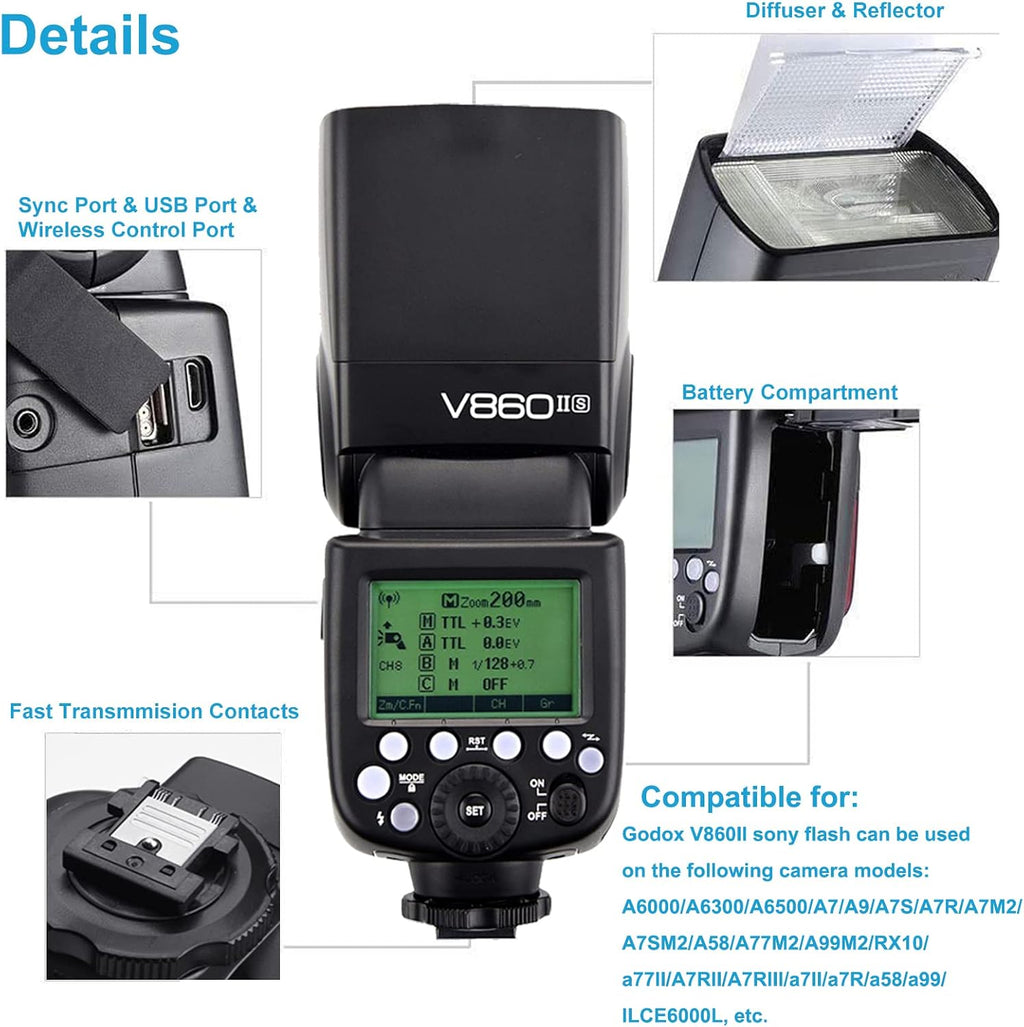 V860II-S TTL Flash for Sony Cameras, GN60 2.4G Wireless Speedlite for Sony, HSS 1/8000S, 20-200Mm Zoom, 2000Mah Li-Ion Battery, 1.5S Recycle Time, 650 Full Power Flashes