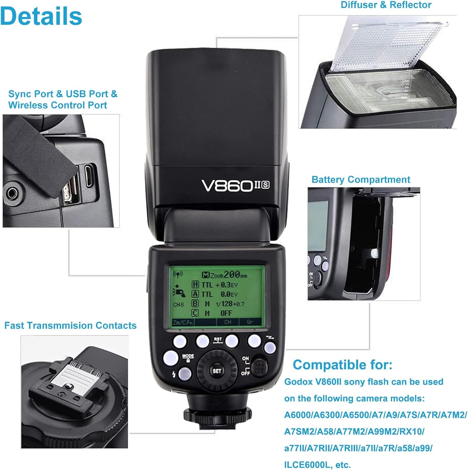 V860II-S TTL Flash for Sony Cameras, GN60 2.4G Wireless Speedlite for Sony, HSS 1/8000S, 20-200Mm Zoom, 2000Mah Li-Ion Battery, 1.5S Recycle Time, 650 Full Power Flashes
