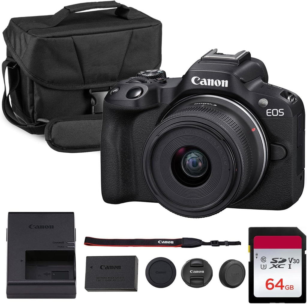 Canon EOS R50 Mirrorless Camera Kit – APS-C RF Camera with 18-45Mm Lens, 4K Video, Dual Pixel AF II & Vari-Angle Touchscreen (5811C012) + Shoulder Bag + 64GB Memory Card