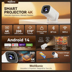 Mini Projector with Wifi and Bluetooth, 4K Protable Smart Projector Build-In Android 14, 130" Screen Auto Keystone Movie Projector Compatible with HDMI Phone TV Stick for Bedroom Outdoor