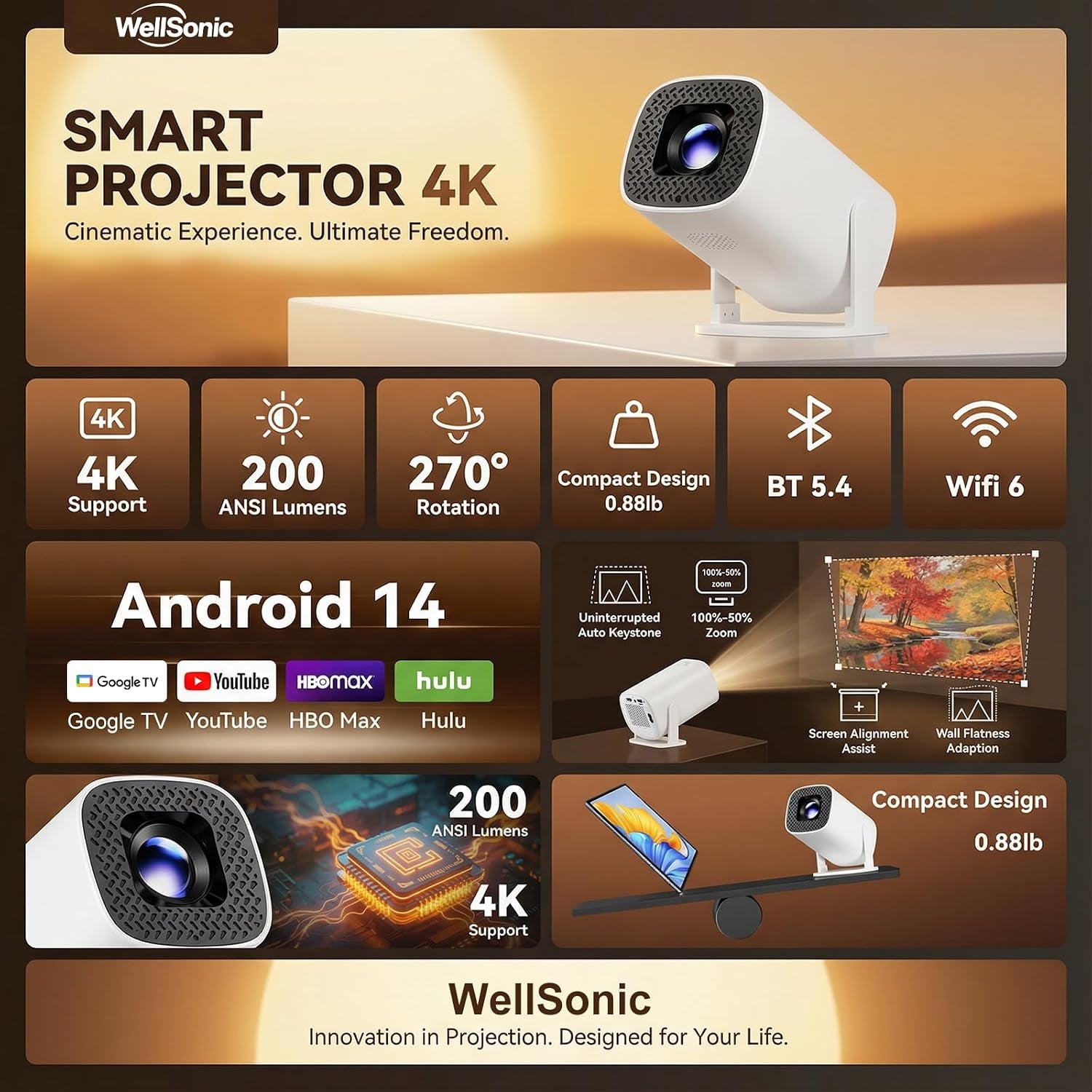 Mini Projector with Wifi and Bluetooth, 4K Protable Smart Projector Build-In Android 14, 130" Screen Auto Keystone Movie Projector Compatible with HDMI Phone TV Stick for Bedroom Outdoor