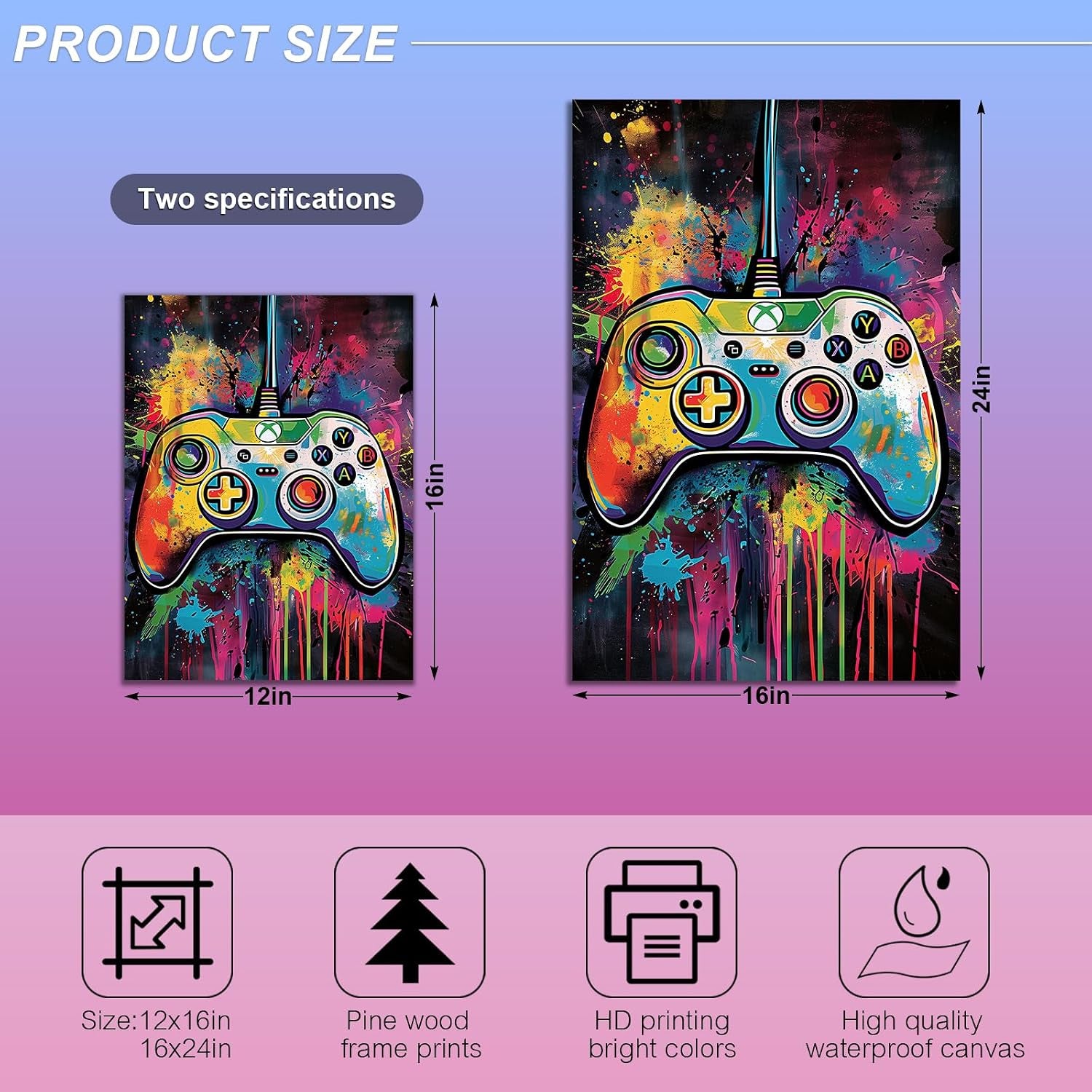 Colorful Game Controller Wall Art Xbox Gamepad Prints 16X24 Inch | Graffiti Game Controller Gamer Room Decor for Boys Graffiti Colorful Cool Gaming Poster Artwork for Bedroom Dec Ready to Hang