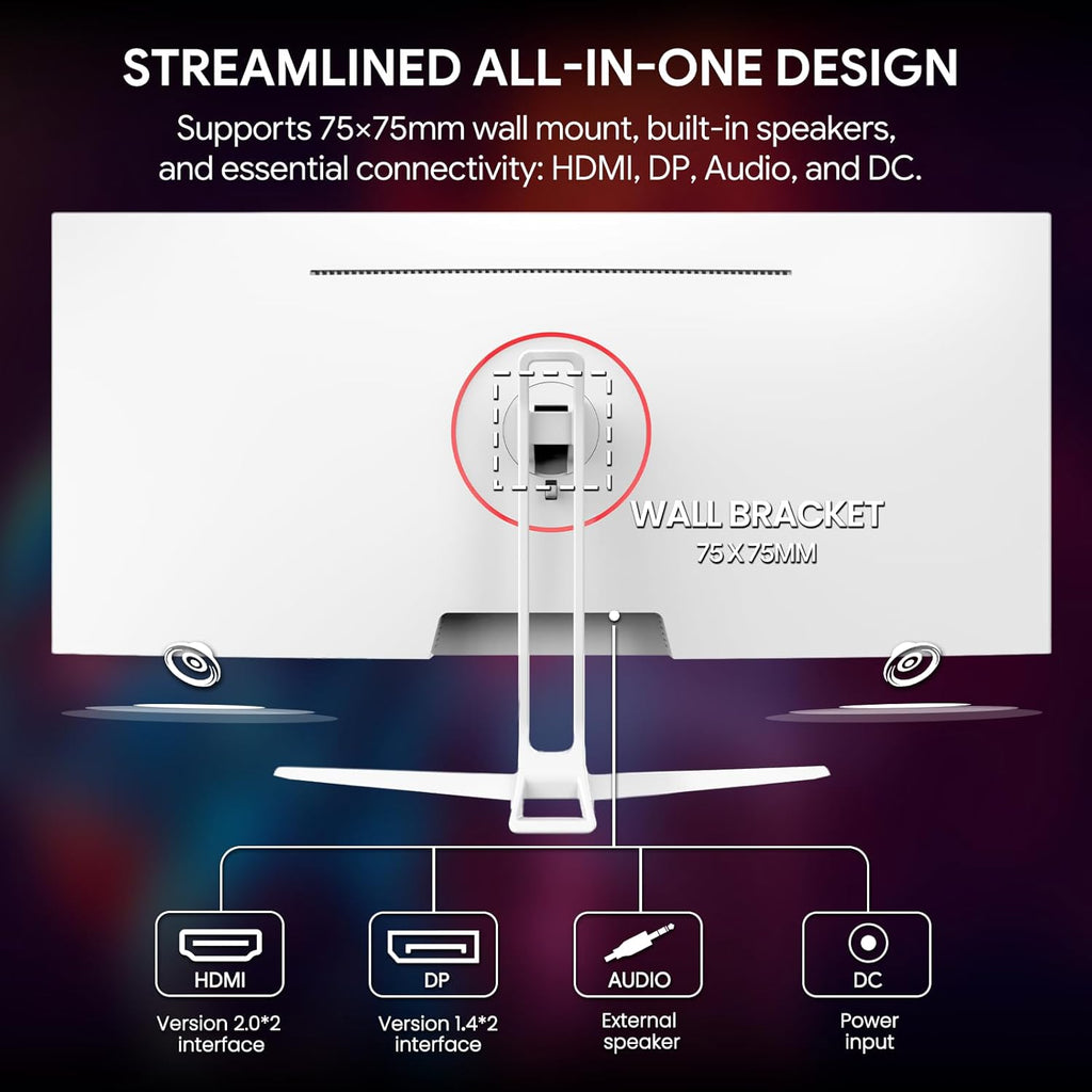 34" WQHD 165Hz IPS Ultrawide Gaming Monitor, Freesync, HDMI/DP, White | 120%Srgb Color, Built-In Speakers, Low Blue Light, 178° Wide View and Wall Mount75×75Mm for PC Gaming, Video Editing and Work