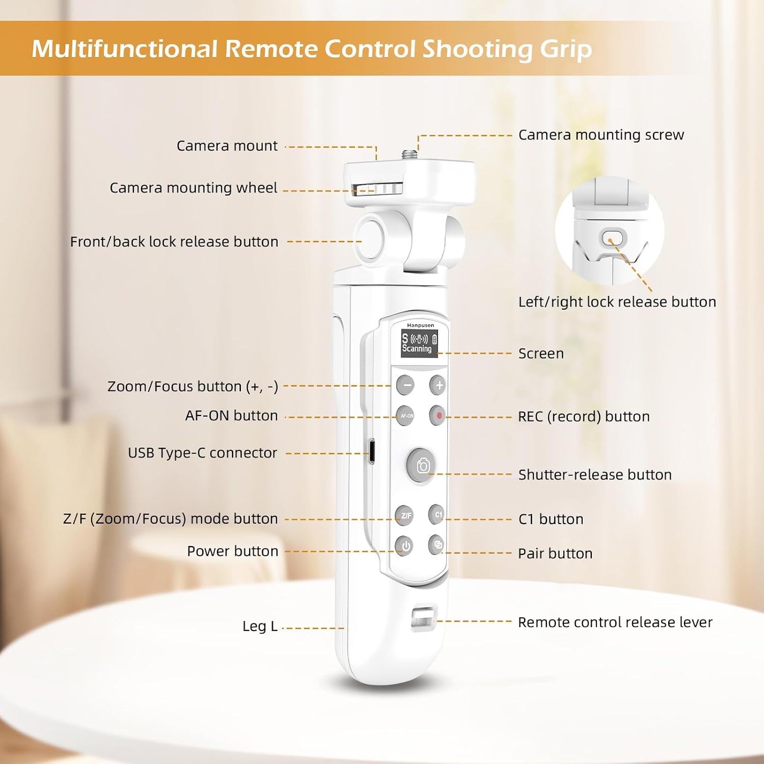 For Sony Tripod Wireless Shooting Grip with Shutter Release - Mini-Tripod with Rechargeable Remote Control for ZV-E10/ZV-E1/ZV-1/ZV-1F/RX100 VII/RX0 II/A6700/A6400/A6600/FX3/FX30, for Vlogging, White