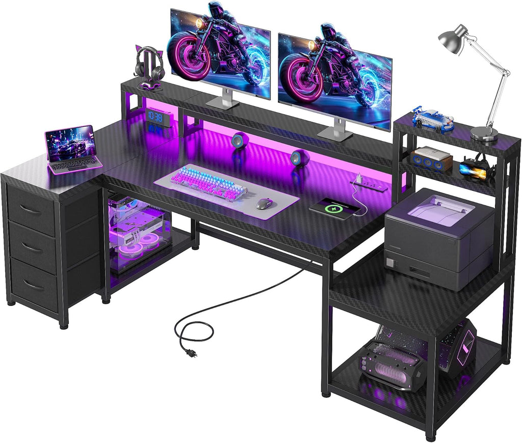71" L Shaped Gaming Desk with Hutch & Printer Shelf for Gaming Room | Scratch-Resistant Carbon Fiber Tabletop, Raised Monitor Stand, 3 Closed Drawers, Dedicated Printer Shelf
