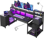 71" L Shaped Gaming Desk with Hutch & Printer Shelf for Gaming Room | Scratch-Resistant Carbon Fiber Tabletop, Raised Monitor Stand, 3 Closed Drawers, Dedicated Printer Shelf