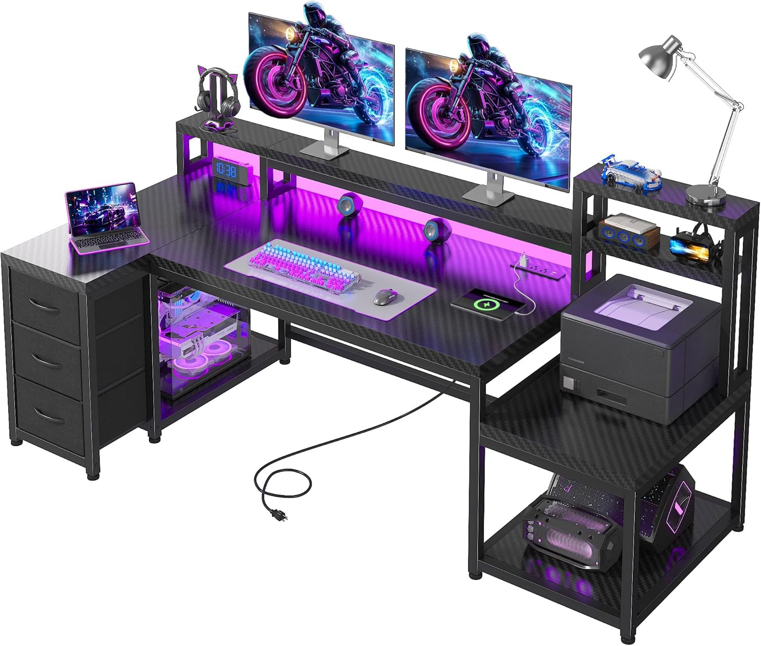 71" L Shaped Gaming Desk with Hutch & Printer Shelf for Gaming Room | Scratch-Resistant Carbon Fiber Tabletop, Raised Monitor Stand, 3 Closed Drawers, Dedicated Printer Shelf