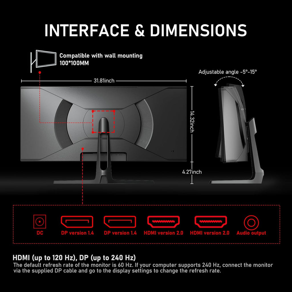 34 Inch Curved Gaming Monitor 240Hz PC Screen Built-In Speakers | UWQHD (3440X1440) 1500R Ultrawide Computer Monitors Mit Freesync & G-Sync Compatible, HDMI 2.0 & DP 1.4, Wall Mountable