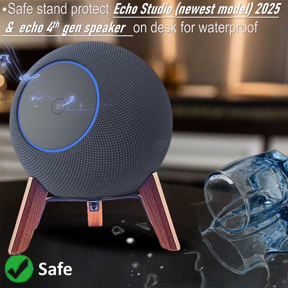 Real Wood Stand for Echo Studio (New Model) 2025,Echo (4Th Gen) Home Speaker, Desktop Tripod Holder Protect Alexa for Sound Better,Stable Wooden Mount for Echo Speaker 2024 on Table (Walnut)