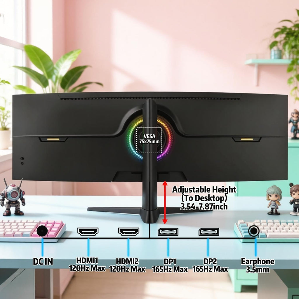 49 Curved Gaming Monitor | 5120X1440 Dual QHD, 165Hz/144Hz, 1500R, 32:9 Ultra-Wide, AMD Freesync, 120% Srgb, Height Adjustable, HDMI 2.1 & Displayport 1.4, VESA Mount, Black
