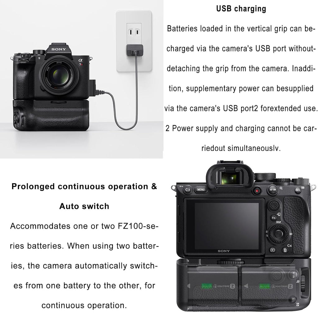 VG-C4EM Battery Grip for Sony A7IV A7R IV A7V A7M4 A9II, Vertical Hand Grip with Dual NP-FZ100 Slots, Ergonomic Non-Slip Design
