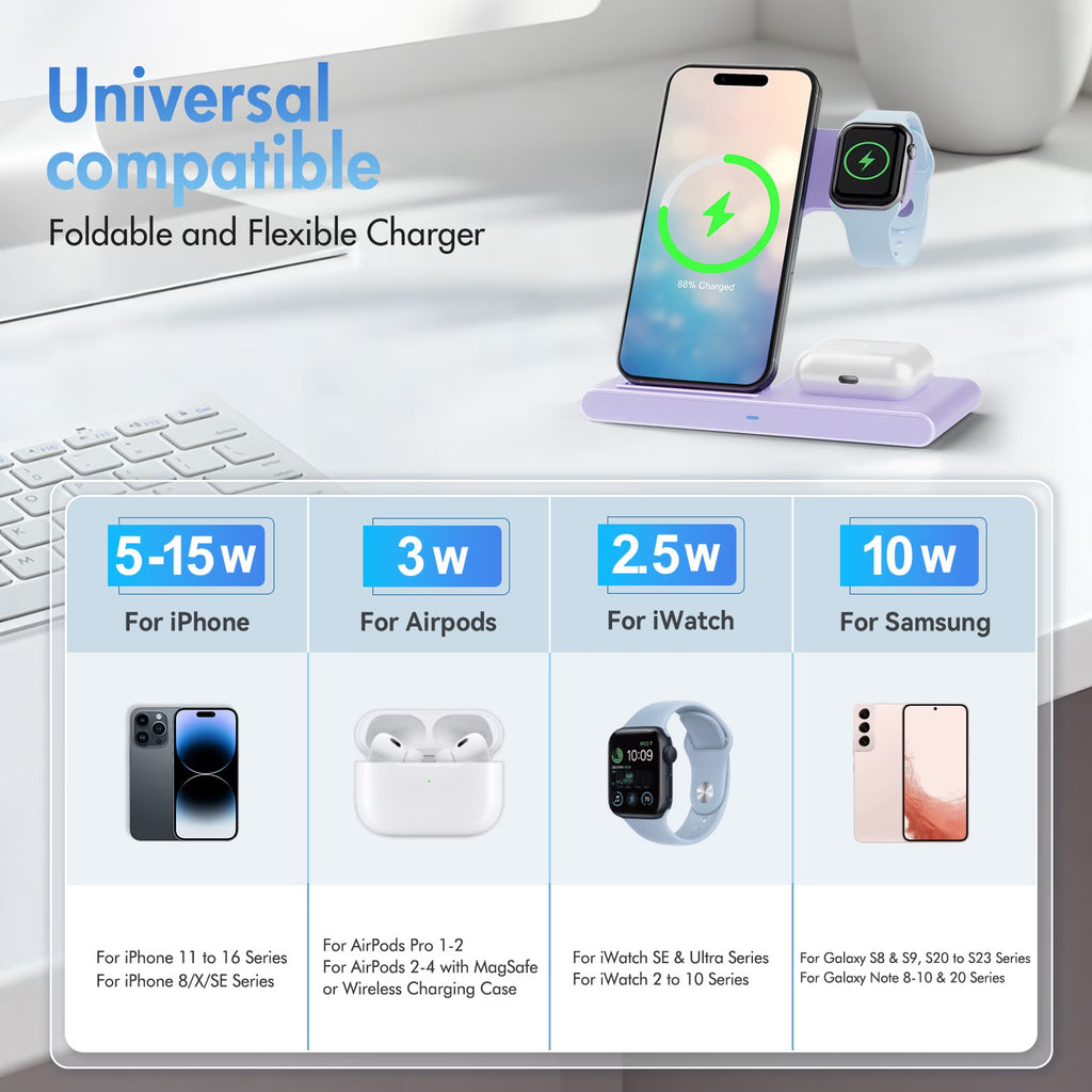 Wireless Charger,15W 3In1 Portable Charger Charging Station Compatible for Iphone 17 16 15 14 Pro Max 13 12 11,For Iwatch 11 10 9 8 7 6 5 4 3 2 Se&Ultra,For Airpods 4 3 Pro,Android Phone Charger